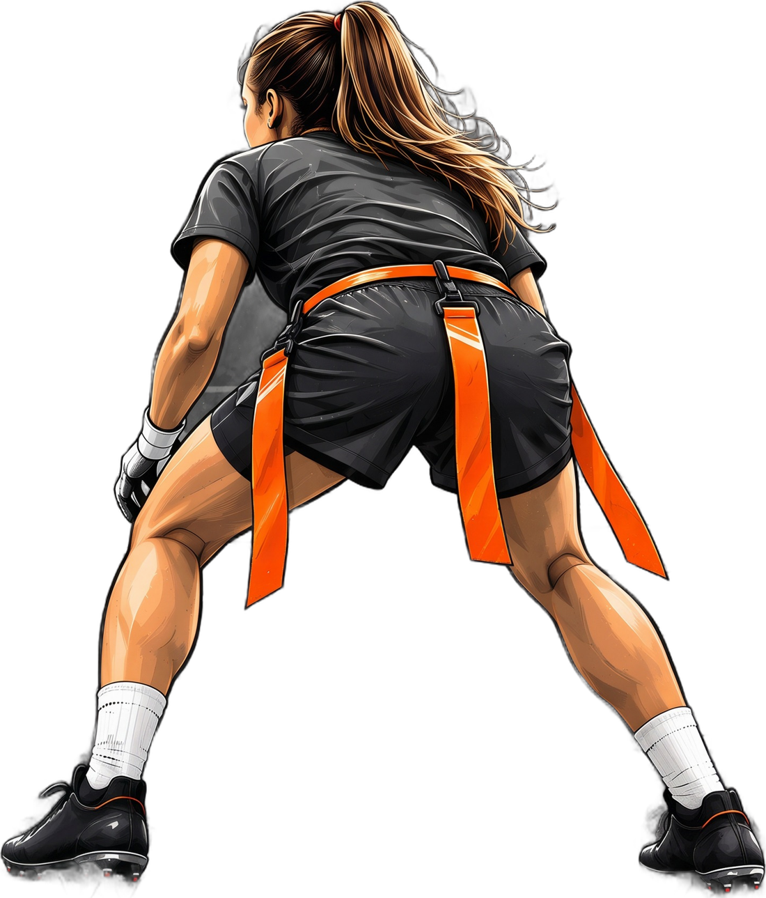 A girls flag football player in a wide, set stance, seen from behind