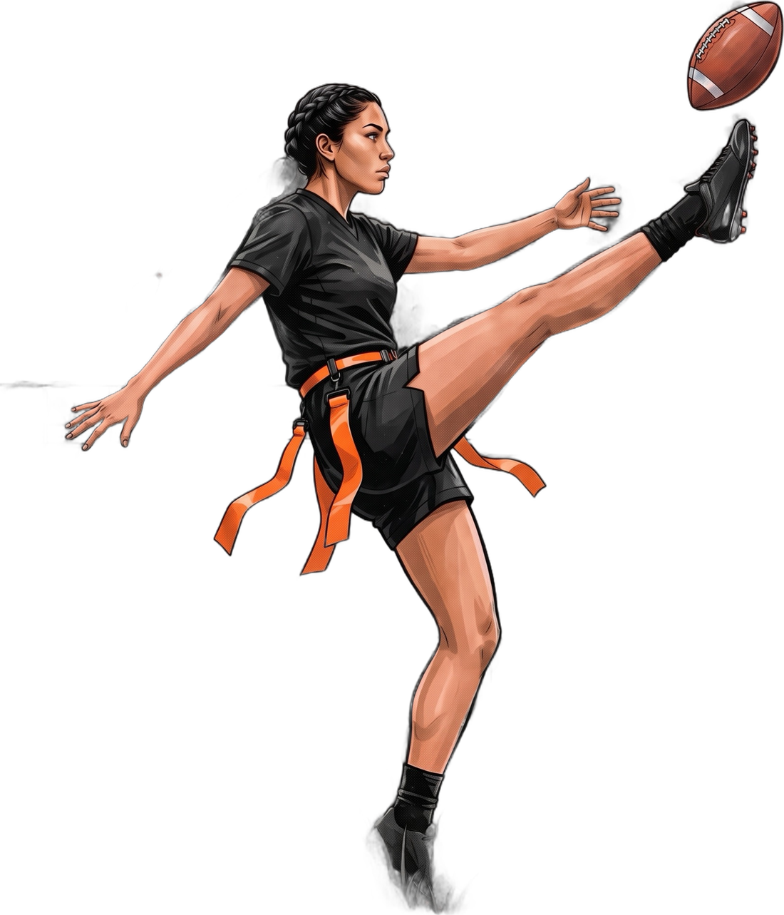 A girls flag football player punting the ball