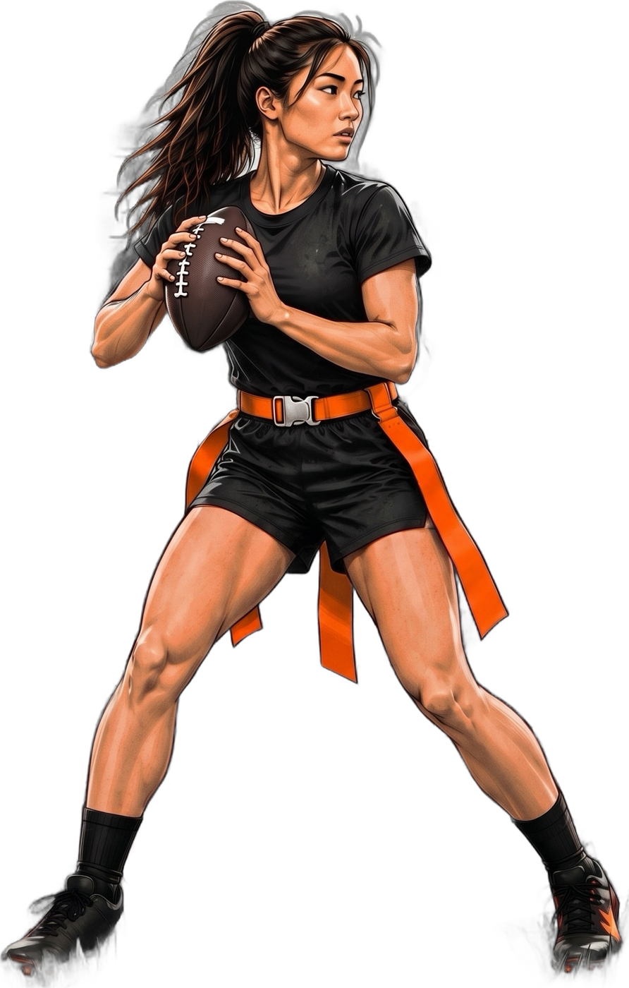 A girls flag football quarterback with the ball, looking downfield