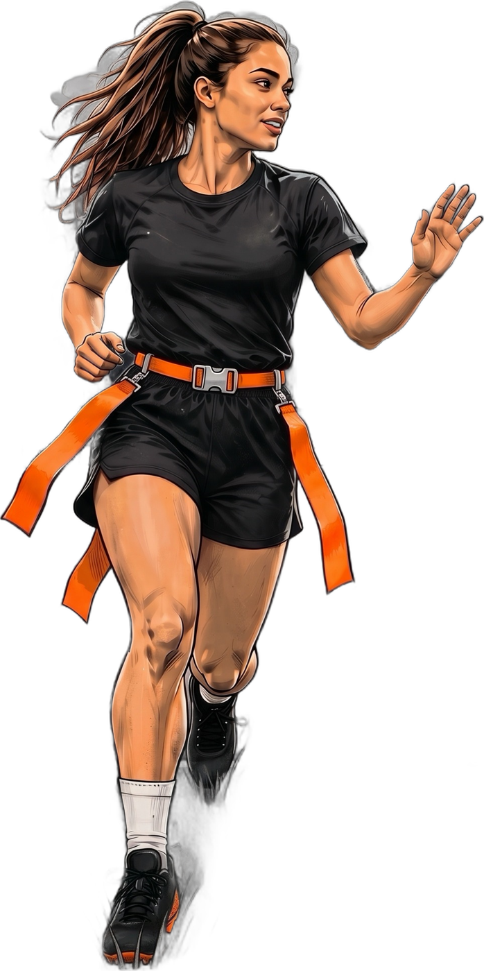 A girls flag football player running without the ball, one arm out