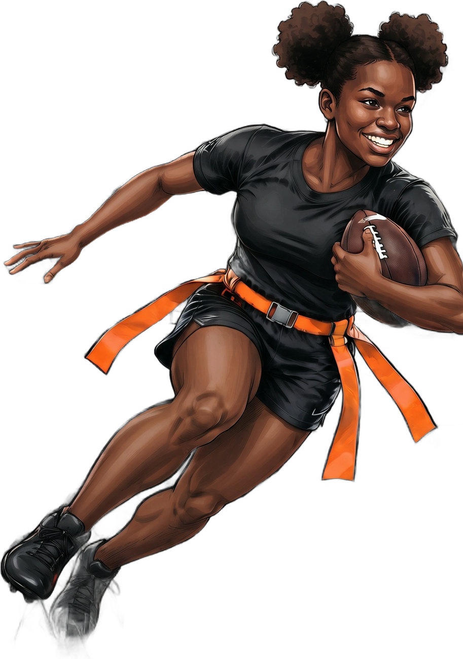 A girls flag football player holding the ball